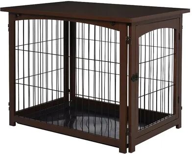 PawHut Wooden Decorative Dog Cage Pet Crate with Fence Side Table Small Animal House and Tabletop Brown, Red/Coppr