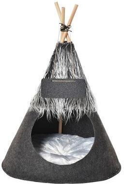 PawHut Pet Teepee Tent Cat Bed Dog House with Thick Cushion Chalkboard for Kitten and Puppy up to 13lbs 28inch Grey