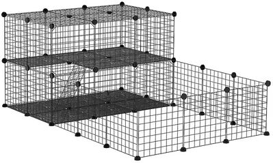 PawHut Pet Playpen Small Animal Cage with Door Customizable Metal Wire Fence for Guinea Pigs Puppies Kittens 14 x 14 in, Grey