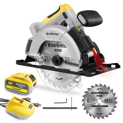 Enventor Brushless Cordless Circular Saw with Rapid Charger and Laser Guide, Grey