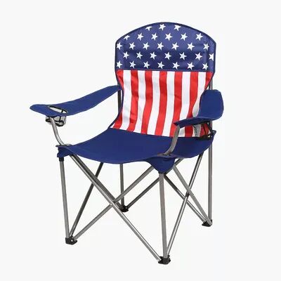 Kamp-Rite Portable Folding Outdoor Camping Chair w/ 2 Cupholders & Bag, USA Flag, Multicolor