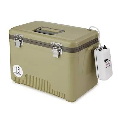 Engel 13 Quart Insulated Live Bait Fishing Outdoor Cooler With Water Pump, Tan, Beig/Green