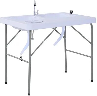 Outsunny Portable Folding Camping Sink Table with Faucet and Dual Water Basins Outdoor Fish Table Sink 40'', White