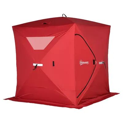 Outsunny 4 Person Ice Fishing Shelter Waterproof Oxford Fabric Portable Pop up Ice Tent with 2 Doors for Outdoor Fishing Red, Brt Red