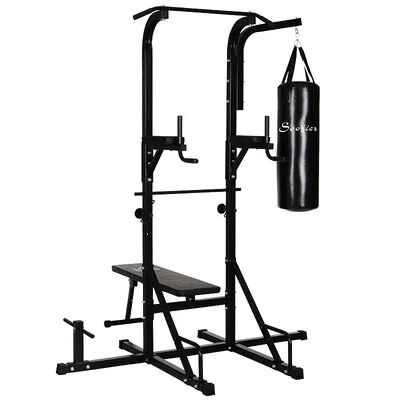 Soozier Home Gym Power Tower with Bench and Punching Bag Multi Function Adjustable Dip Sit Up Workout Station Equipment Heavy Duty for Home, Grey