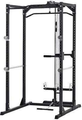 Soozier Multi Function Power Cage Health and Fitness Weightlifting Squat Rack Optional Exercise Workout Station w/ Pull Down Pulley System for Home