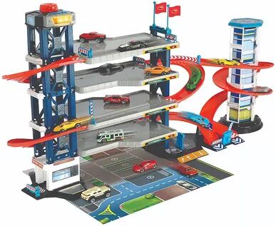 Dickie Toys Parking Garage Playset With 4 Die-Cast Cars And Die-Cast Helicopter, Multicolor