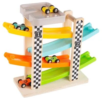 Hey! Play! Wooden Toy Race Track and Racecar Set with 4 Colorful Cars, Multicolor