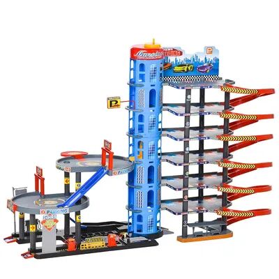Qaba 7 Level Car Parking Garage Toy Race Tracks Car Ramp Set Toddler Car Games 96PCS w/ Cars and Helicopter Elevator Gas Station Car Repair Station
