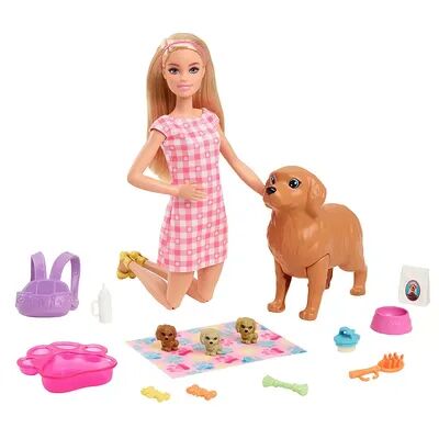 Barbie Doll Newborn Pups Playset with Blonde Doll, Mommy Dog and 3 Puppies, Kids Toys, Multicolor