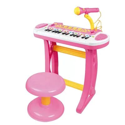Qaba Kids Toy Keyboard Piano Toddler Electronic Instrument with Stool Microphone and Bright Flashlight for Children Birth Gift Blue, Med Pink