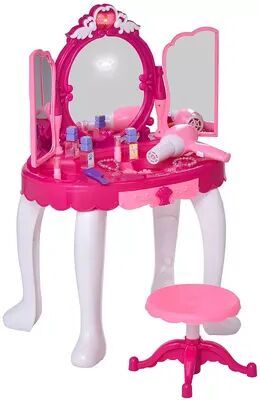 Qaba Infrared Remote Control Kids Dress up Vanity Table Chair Girls Pretend Dressing Table Set with Music and Lightening Cosmetic Mirror Hair Dryer