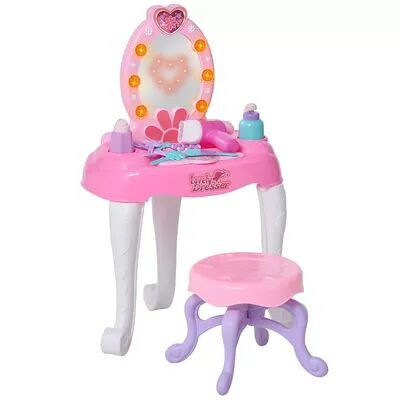 Qaba Kids Vanity Table and Chair Beauty Pretend Play Set with Mirror Lights Sounds and Pretend Beauty Makeup Accessories for Girls 3+ Years Old, Med