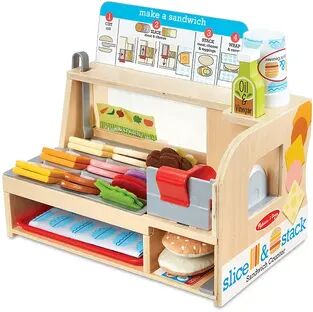 Melissa & Doug Wooden Slice & Stack Sandwich Counter with Deli Slicer-- 56-Piece Pretend Play Food Pieces, Multicolor