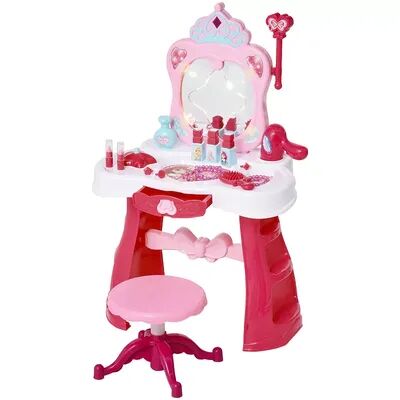 Qaba Kids Vanity Set Makeup Table Princess Pretend Play for Girls with Lights Sounds Stool Magic Wand Remote Mirror and Makeup Accessories, Med Pink