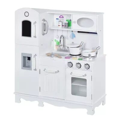 Qaba Large Kids Kitchen Playset With Telephone Water Dispenser Simulation Cooking Set, White