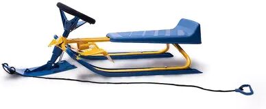 Frost Rush Machrus Frost Rush Snow Racer Winter Sled with Padded Steering Wheel, Twin Brakes and Pull Rope, Yellow Blue, Small