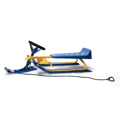 Frost Rush Machrus Frost Rush Snow Racer Winter Sled with Padded Steering Wheel, Twin Brakes and Pull Rope, Yellow Blue, Small