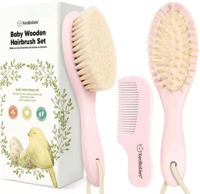 KeaBabies Baby Hair Brush, Natural Wooden Cradle Cap Brush with Soft Goat Bristle, Perfect Baby Hair Brush Set (Oval), Med Pink