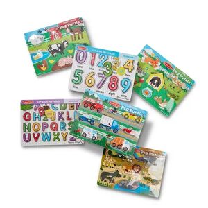 Melissa & Doug Wooden Peg Puzzle 6-Pack - Numbers, Letters, Animals, Vehicles, Multicolor