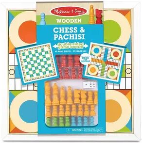 Melissa & Doug Double-Sided Wooden Chess & Pachisi Board Game, Multicolor