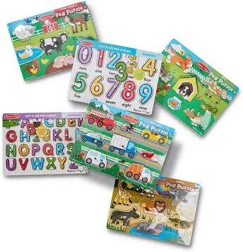 Melissa & Doug Wooden Peg Puzzle 6-Pack - Numbers, Letters, Animals, Vehicles, Multicolor