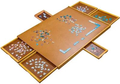 Jumbl 1500 Piece Puzzle Board, 27” x 35” Wooden Jigsaw Puzzle Table & Trays, Brown