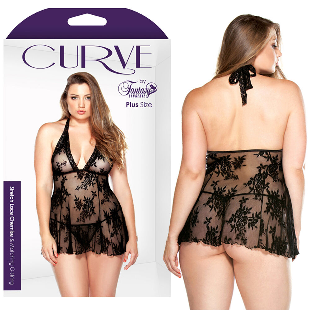 Fantasy Lingerie Curve Stretch Lace Chemise & G-string Black 1X/2X