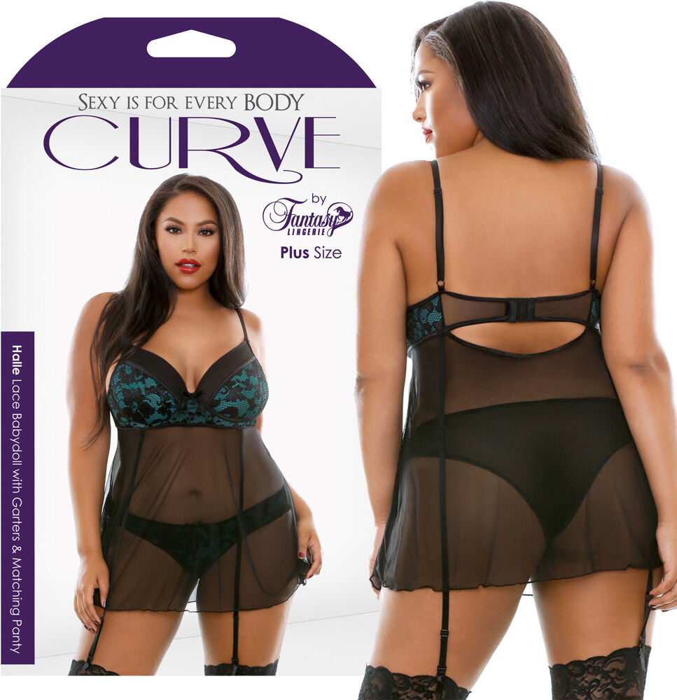 Fantasy Lingerie Curve Halle Babydoll&Pnty Emld/Blk 1X/2X