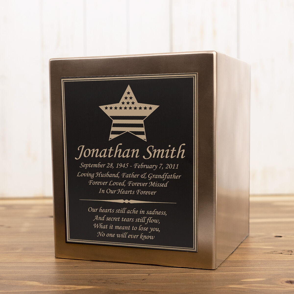 Perfect Memorials American Flag Star Seamless Bronze Cube Resin Cremation Urn