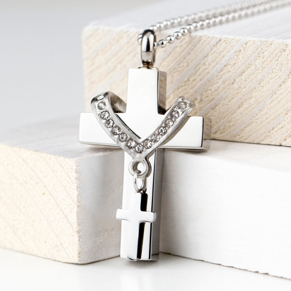 Perfect Memorials Collet Cross Stainless Steel Cremation Jewelry - Engravable