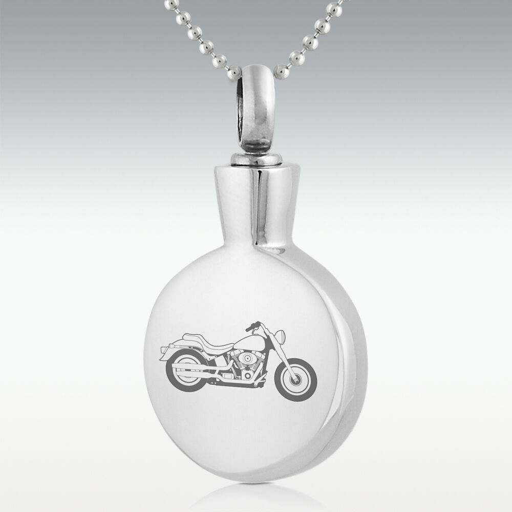 Perfect Memorials Motorcycle Round Stainless Steel Cremation Jewelry - Engravable