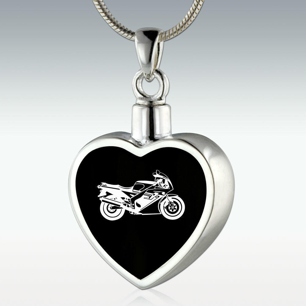 Perfect Memorials Sport Motorcycle Inlay Heart Sterling Silver Memorial Jewelry