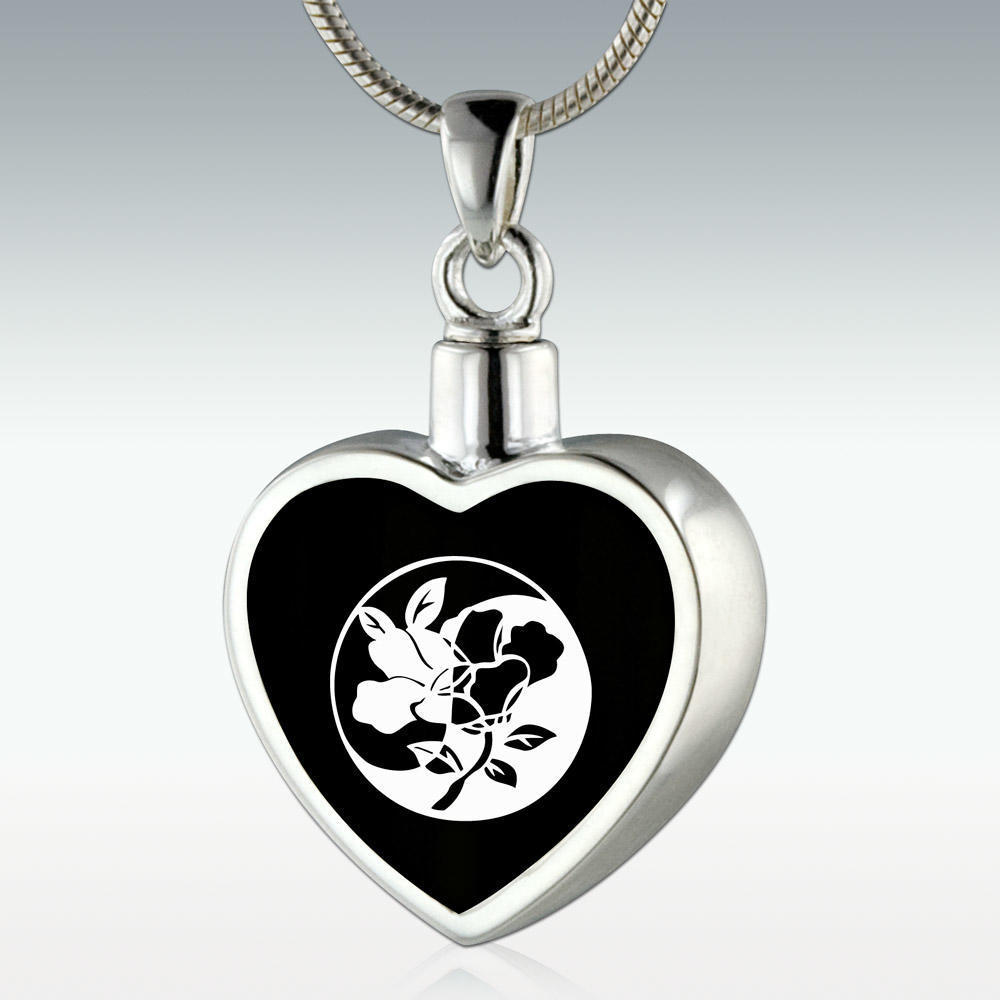 Perfect Memorials Floral Yin-Yang Inlay Heart Sterling Silver Memorial Jewelry