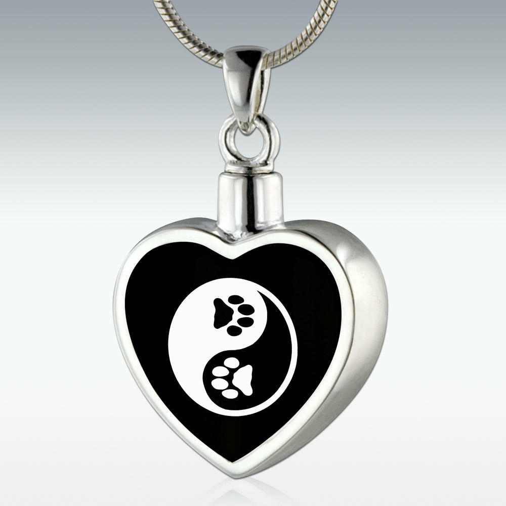 Perfect Memorials Paw Yin-Yang Inlay Heart Sterling Silver Memorial Jewelry