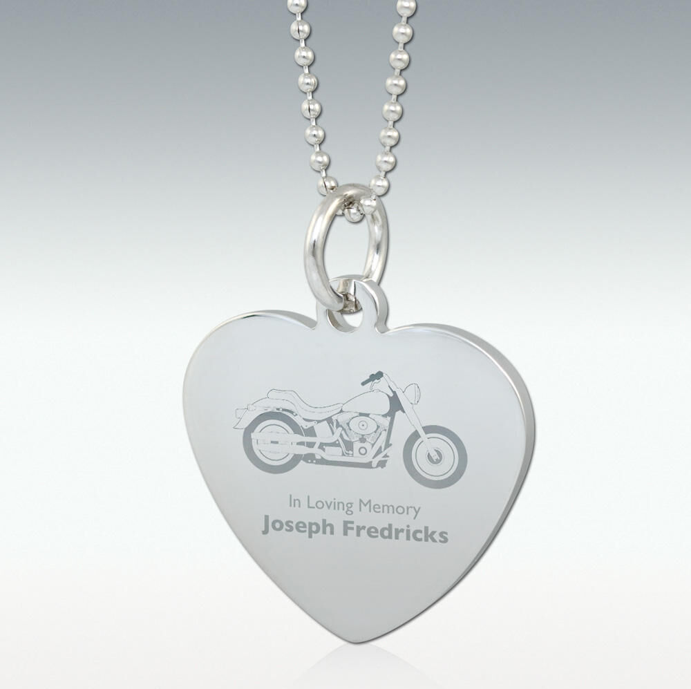 Perfect Memorials Motorcycle Engraved Heart Pendant - Silver