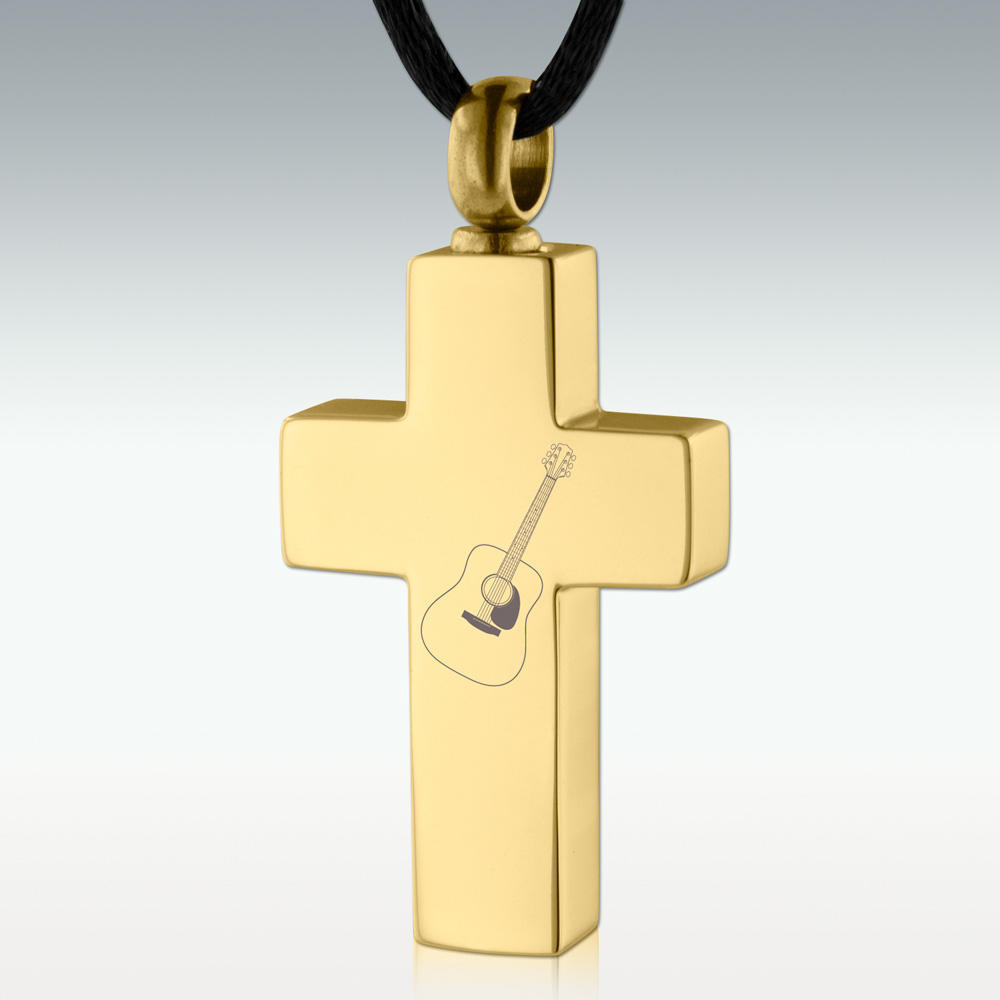 Perfect Memorials Gold Acoustic Guitar Cross SS Cremation Jewelry