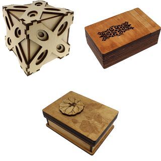 Puzzle Master Set of 3 Wooden Puzzle Boxes - Lotus, Answer, Sphinx