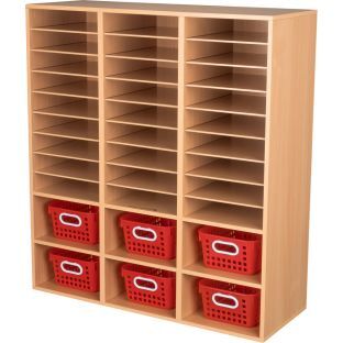 27 Slot Mail And Supplies Center With 6 Cubbies And Single Color Baskets Color Red by Really Good Stuff LLC