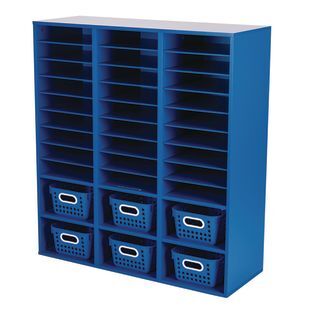 Blue 27 Slot Mail And Supplies Center With 6 Cubbies And Baskets Single Color Color Blue by Really Good Stuff LLC