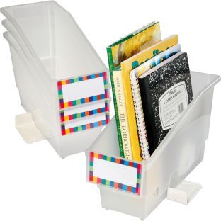 Durable Book And Binder Holder With Stabilizer Wing and Label Holder  Clear  4 bins 8 labels by Really Good Stuff LLC