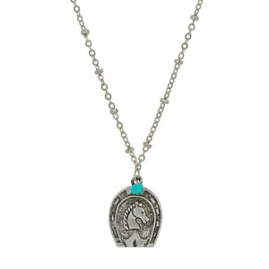 1928 Jewelry Turquoise Horseshoe Pendant Necklace - Pewter - 16" Adjustable