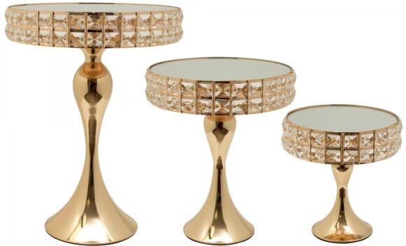 Event Decor Direct Metal Round Crystal Embellished Cake Stand With Mirror Top 3pc/set - Gold