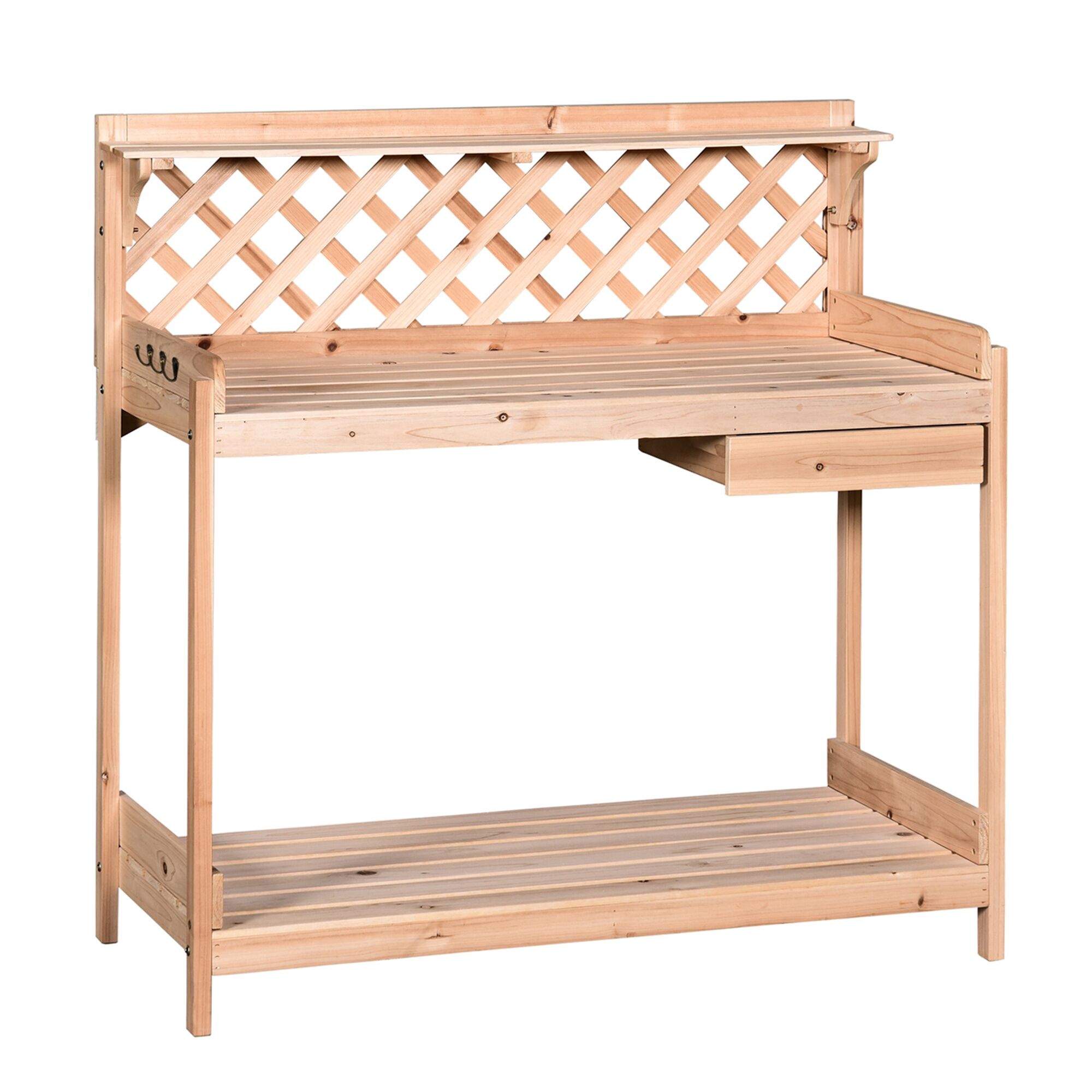 Outsunny Outdoor Garden Potting Bench, Wooden Workstation Table w/ Drawer, Hooks, Open Shelf, Lower Storage and Lattice Back for Patio, Backyard
