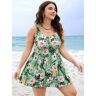 Bloomchic Tropical Print  A Line Flutter Ruched Front Swim Dress