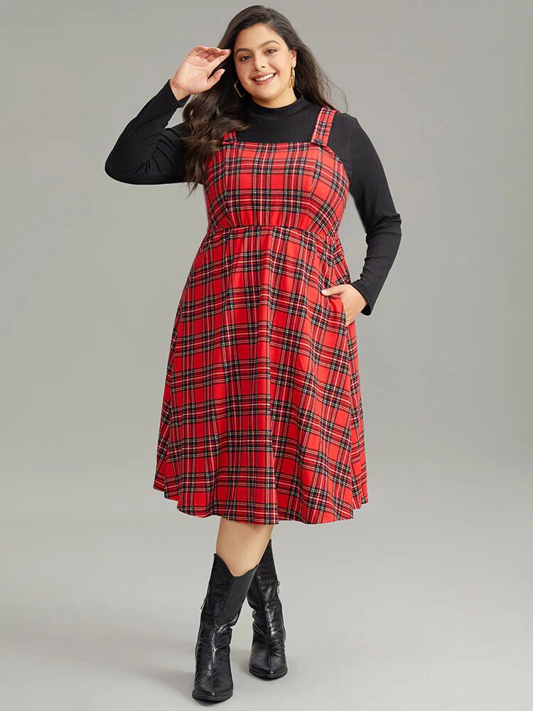 Bloomchic Plaid Button Up Adjustable Straps Dress