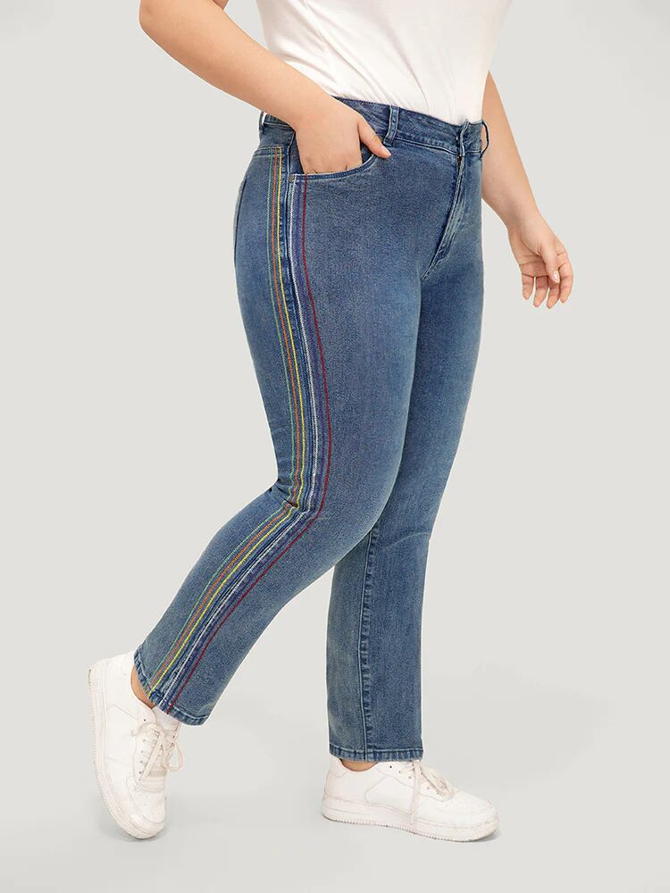 Bloomchic Rainbow Striped Very Stretchy High Rise Medium Wash Jeans