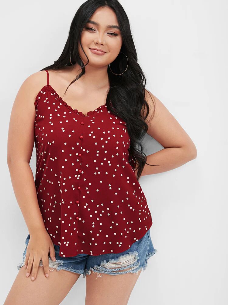 Bloomchic Polka Dot Spaghetti Strap Ruffles Button Tank Top