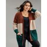 Bloomchic Open Front Colorblock Patched Pocket Cardigan