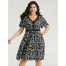 Bloomchic Silhouette Floral Print V Neck Ruffles Lace Panel Dress